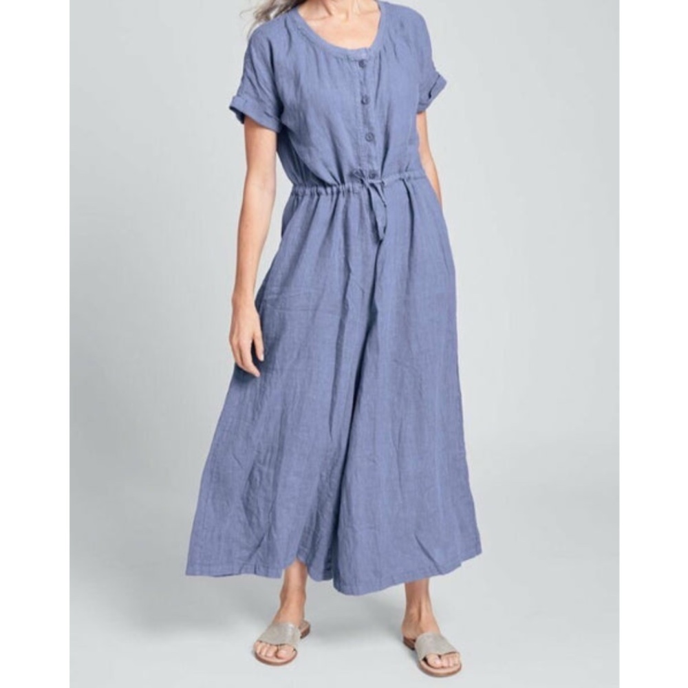 Flax Linen Blend Blue Short Sleeve Jumpsuit